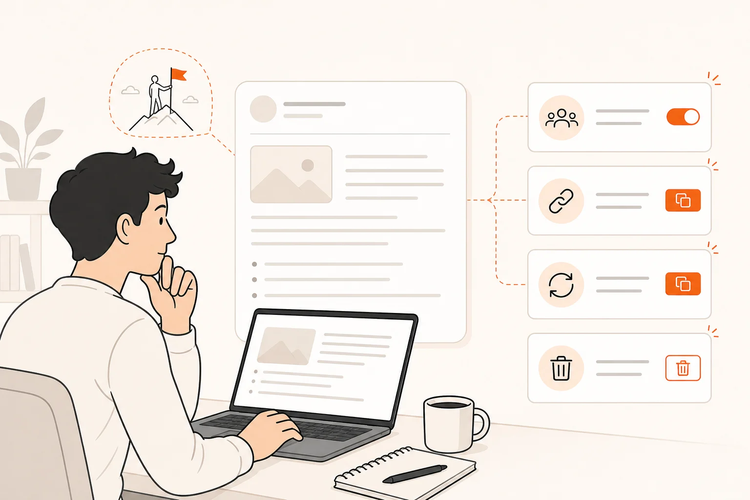 Founder reviewing a draft startup update alongside checks for who can see it, share it, reuse it, and remove it.