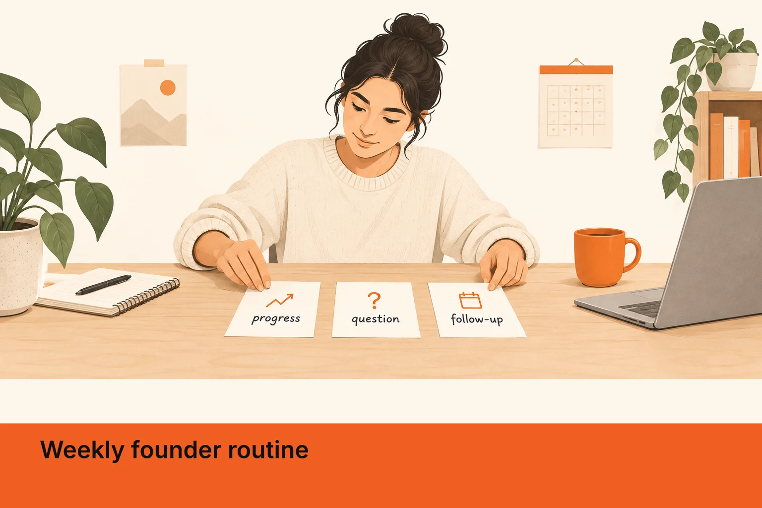 A founder organizes a weekly community routine around sharing progress, asking a question, and following up.