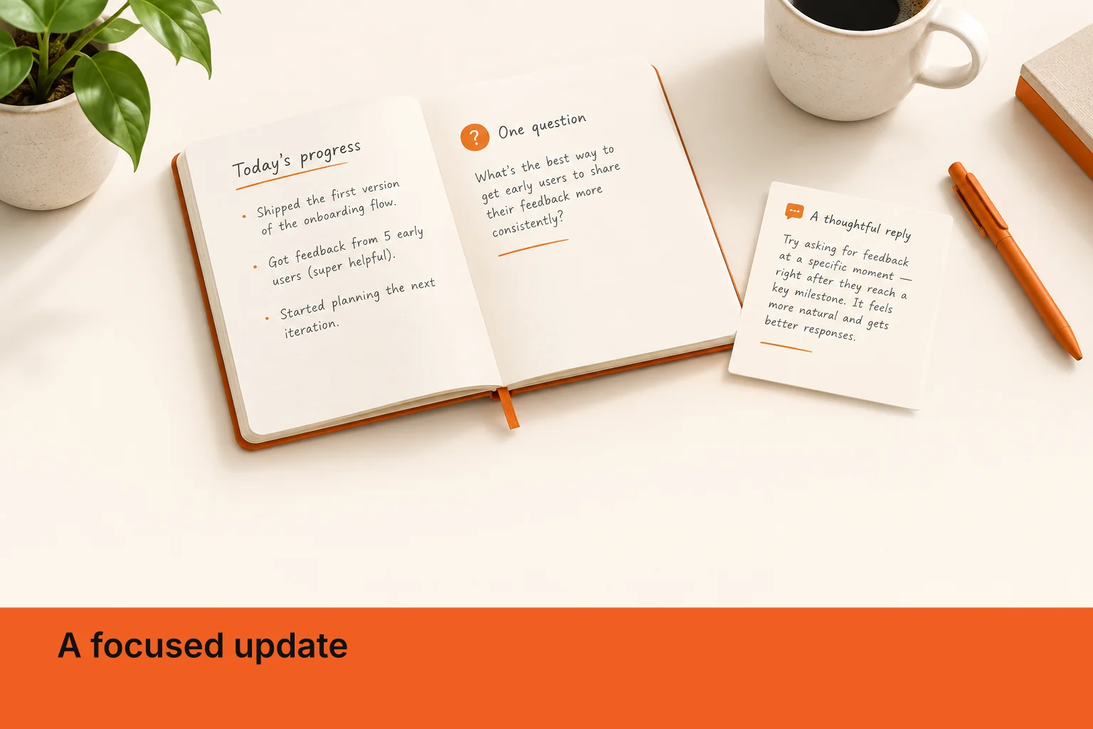 A notebook shows a concise progress update, a focused question, and space for a follow-up.