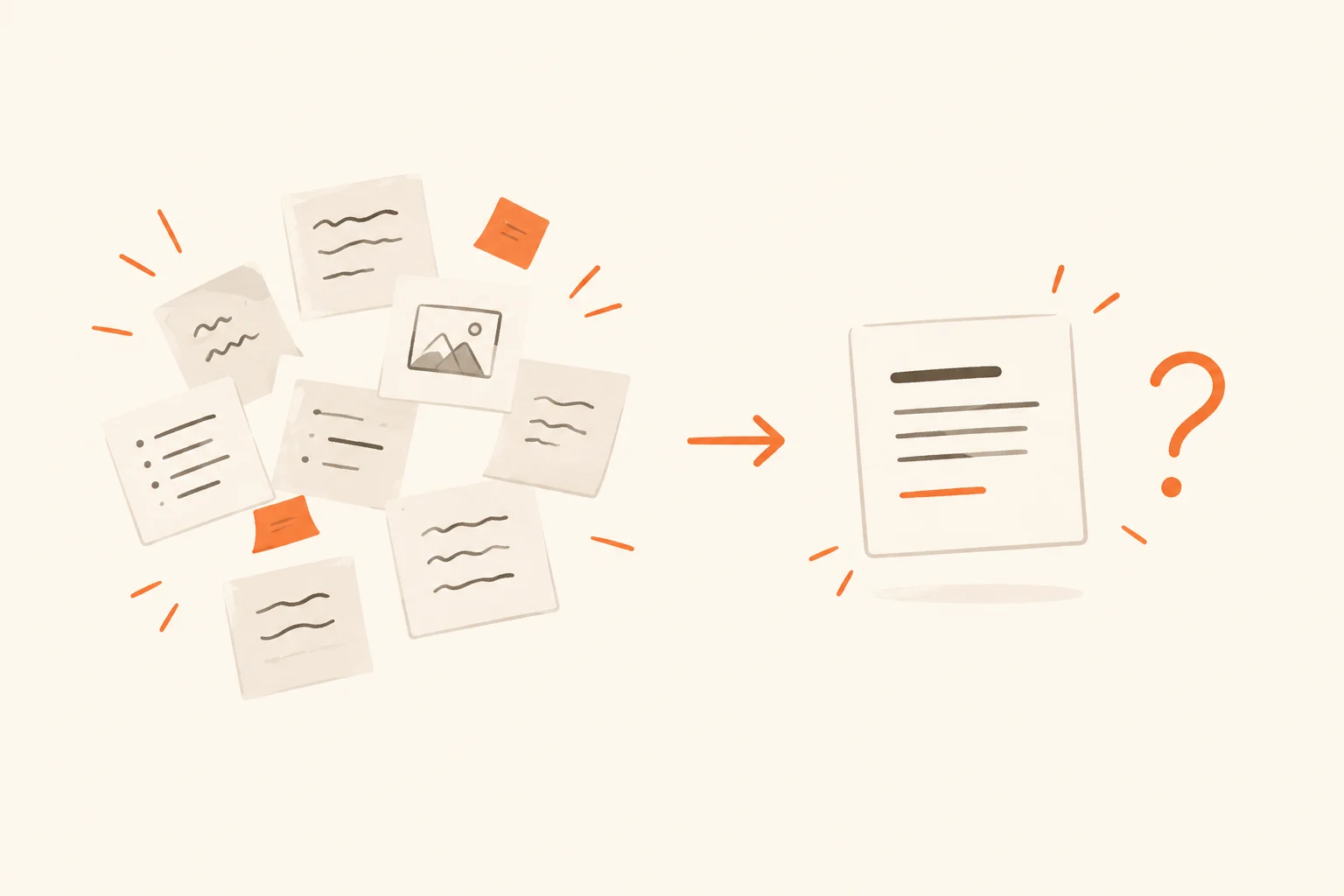 Scattered notes resolve into one focused question, illustrating how to clarify a community help request.